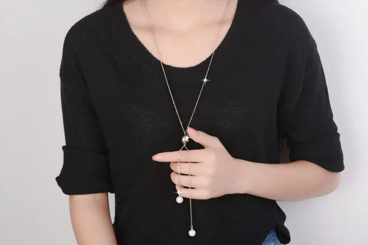 Fashion 925 Sterling Plata Charm Long Sweater Chain Necklacer For Women Pearl Rhinestone Choker Jewelry Accessories Gift