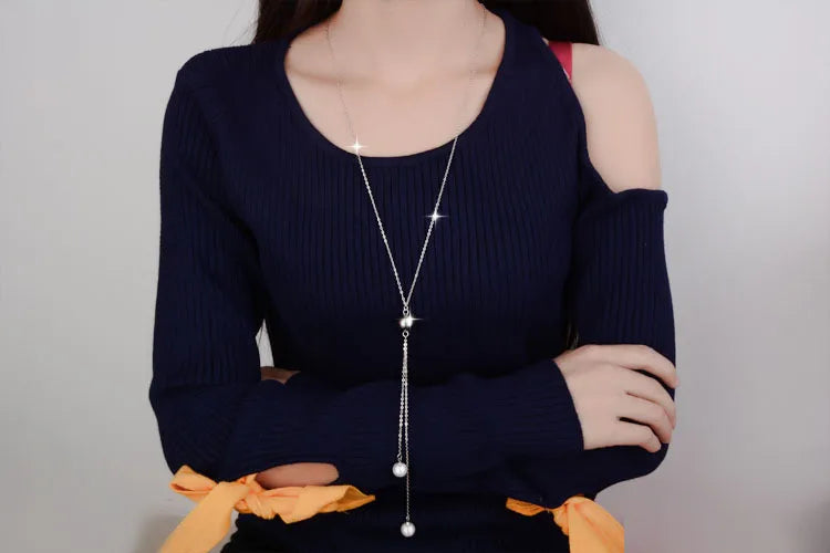 Fashion 925 Sterling Plata Charm Long Sweater Chain Necklacer For Women Pearl Rhinestone Choker Jewelry Accessories Gift