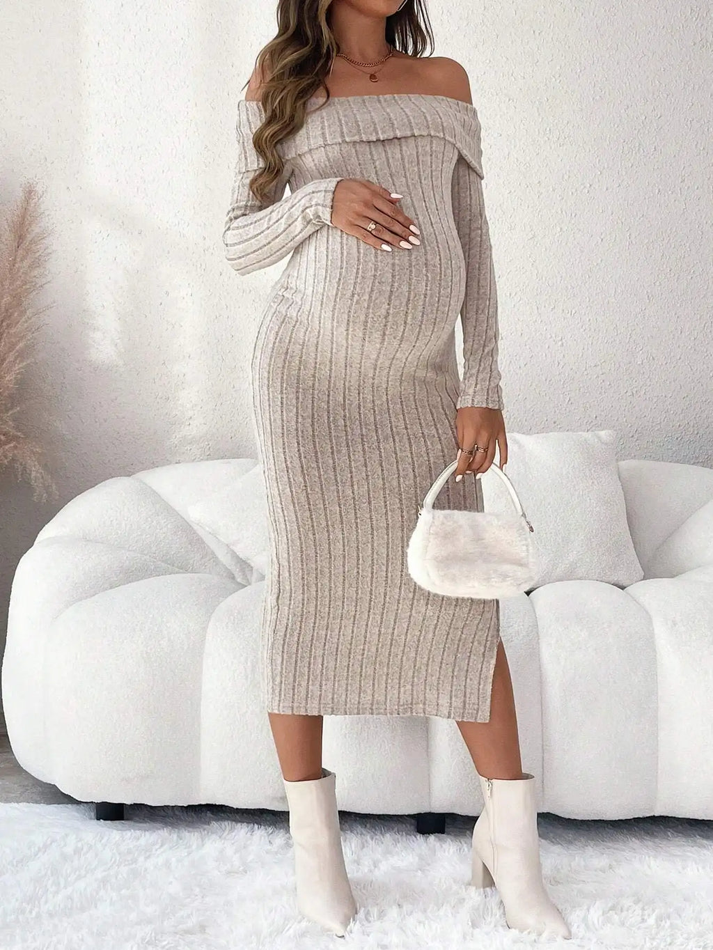 Maternity Clothes Pregnant Women Dress Photoshoot Clothing Autumn Winter One-shoulder Slimming Body-hugging Long-sleeved Knitted