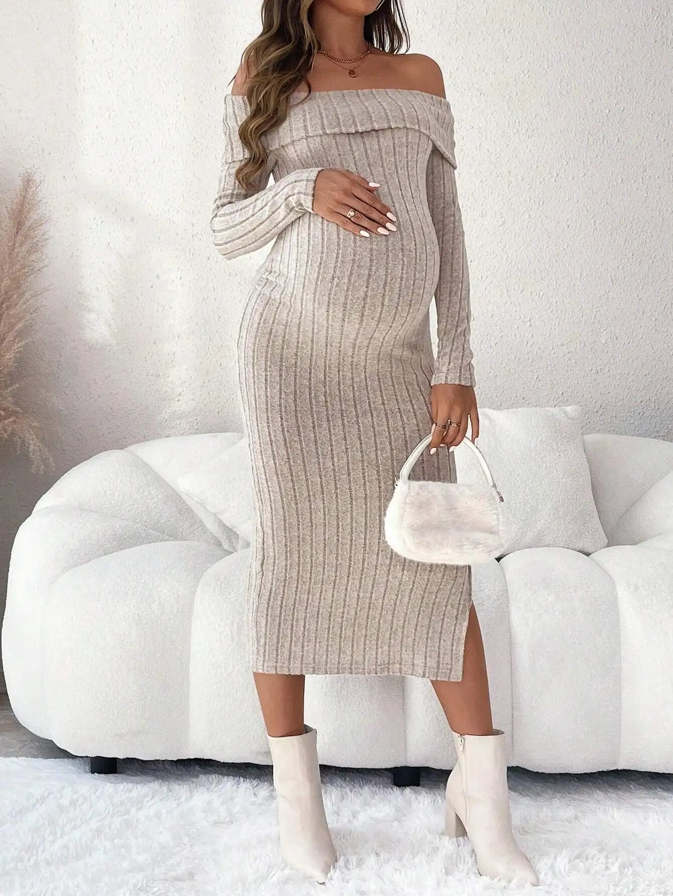 Maternity Clothes Pregnant Women Dress Photoshoot Clothing Autumn Winter One-shoulder Slimming Body-hugging Long-sleeved Knitted
