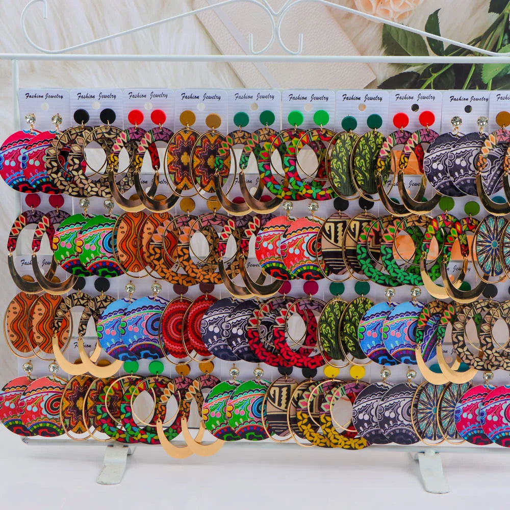 10Pairs/Lot Vintage Fashion Color Printed Wooden Chic Pendant Earrings With Random Styles For Daily Gift Giving Party