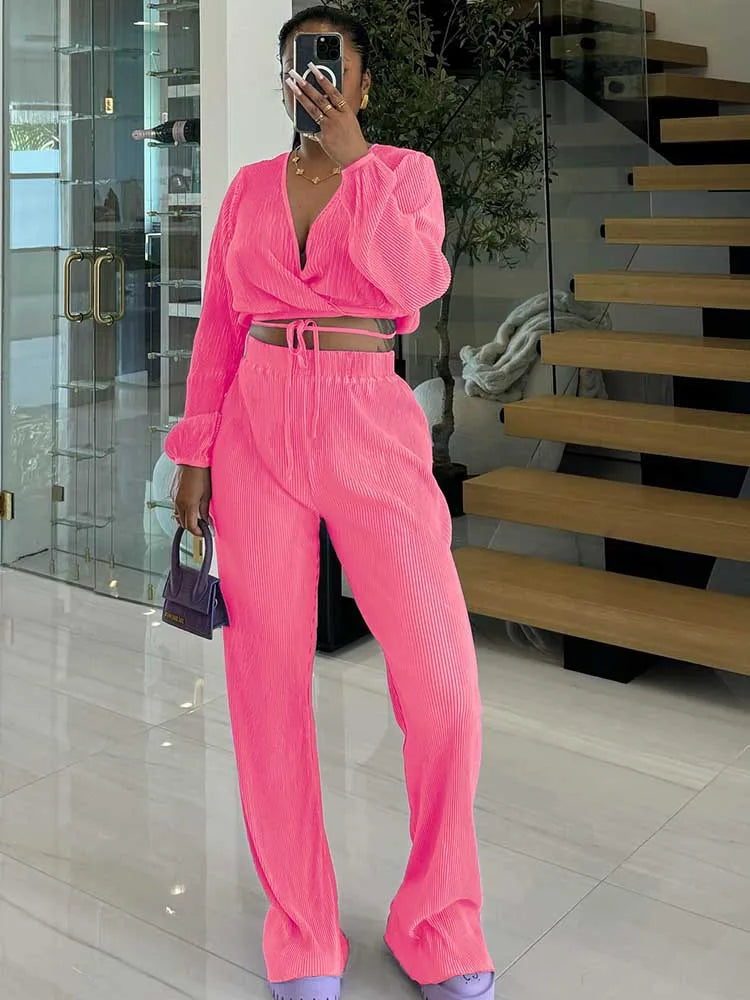 Casual Sets Womens Outfits Fall Clothes 2 Piece Lounge Set Draped Top and Elastic Wrap Pant Sets Outfits Wholesale Dropshipping