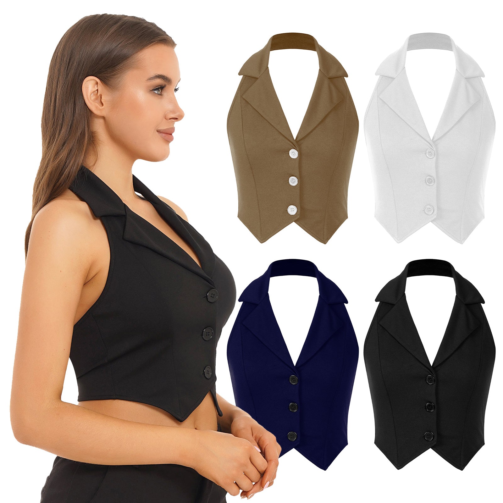 Womens Fashion Vest Shirts Separate Waistcoat Crop Tops Lapel Halter Backless Button Down Pointed Hem Vest for Party Formal Wear