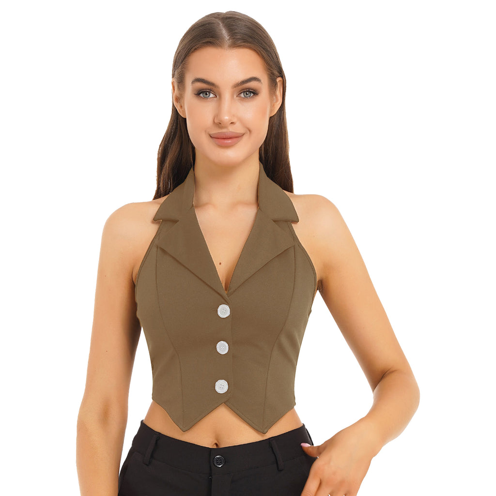 Womens Fashion Vest Shirts Separate Waistcoat Crop Tops Lapel Halter Backless Button Down Pointed Hem Vest for Party Formal Wear