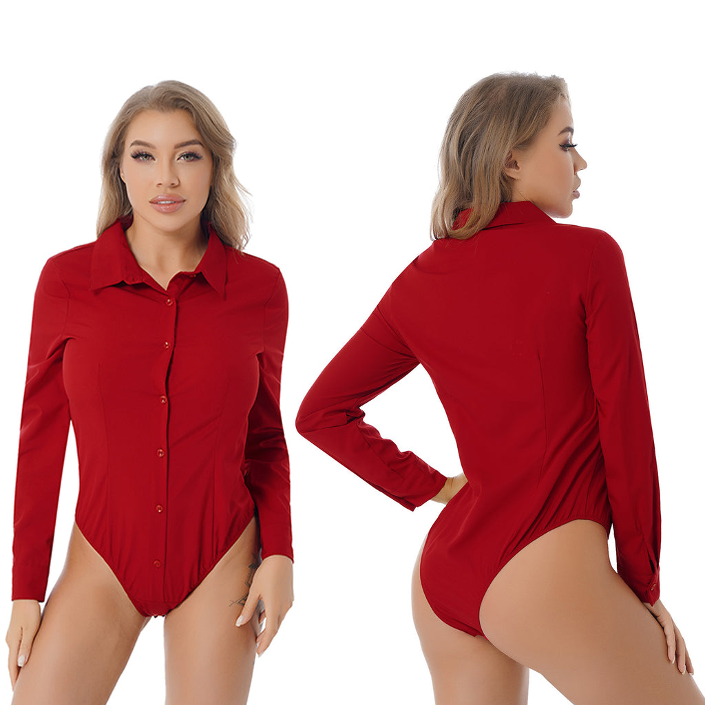 Women's Body Shirt Office Lady Work Uniforms White Blouses Slim Clothes Long Sleeve OL Shirt Leotard Easy Care Work Tights Shirt