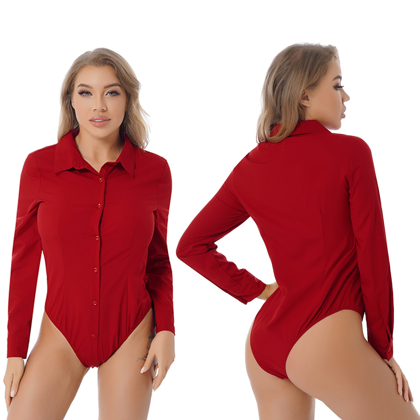 Women's Body Shirt Office Lady Work Uniforms White Blouses Slim Clothes Long Sleeve OL Shirt Leotard Easy Care Work Tights Shirt