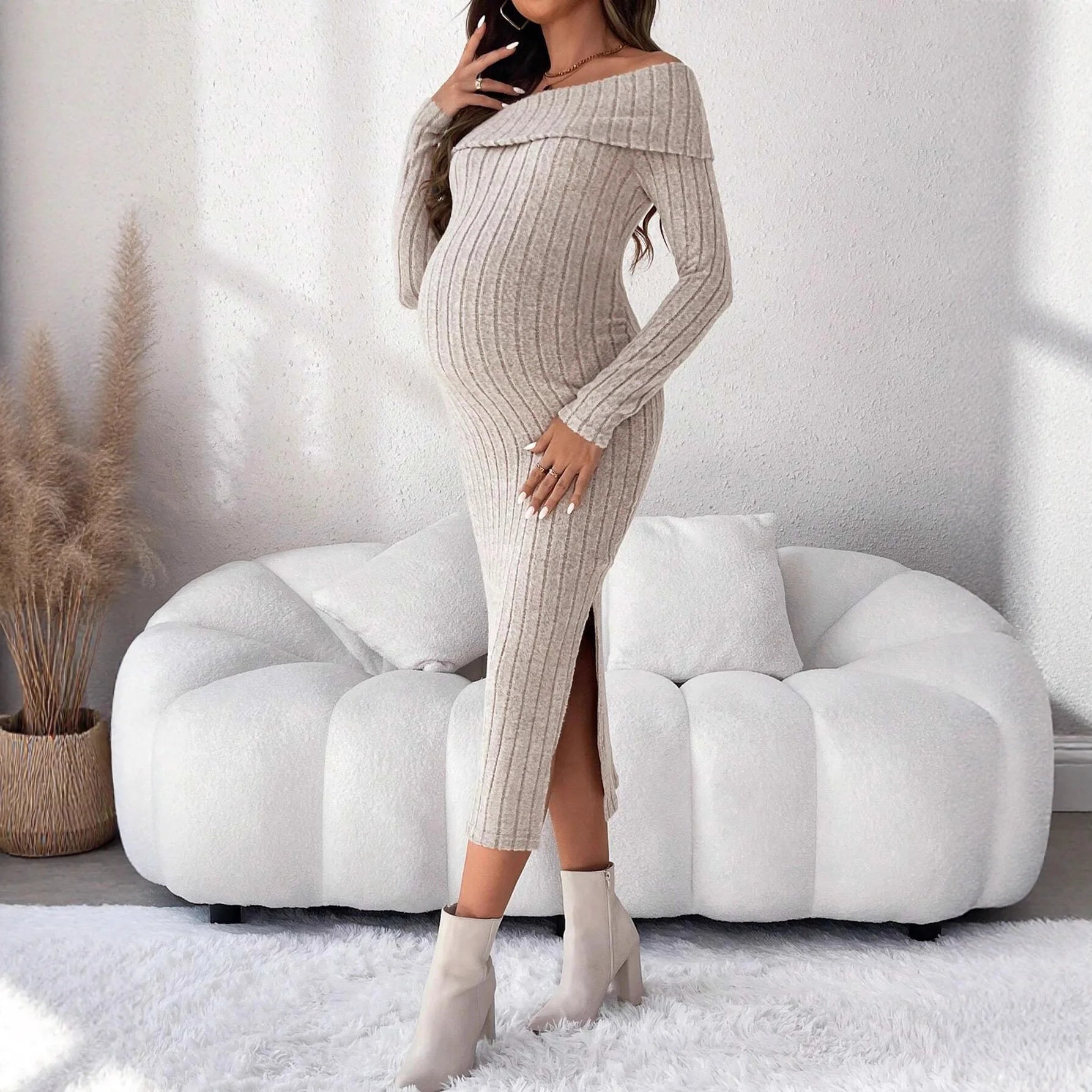 Maternity Clothes Pregnant Women Dress Photoshoot Clothing Autumn Winter One-shoulder Slimming Body-hugging Long-sleeved Knitted