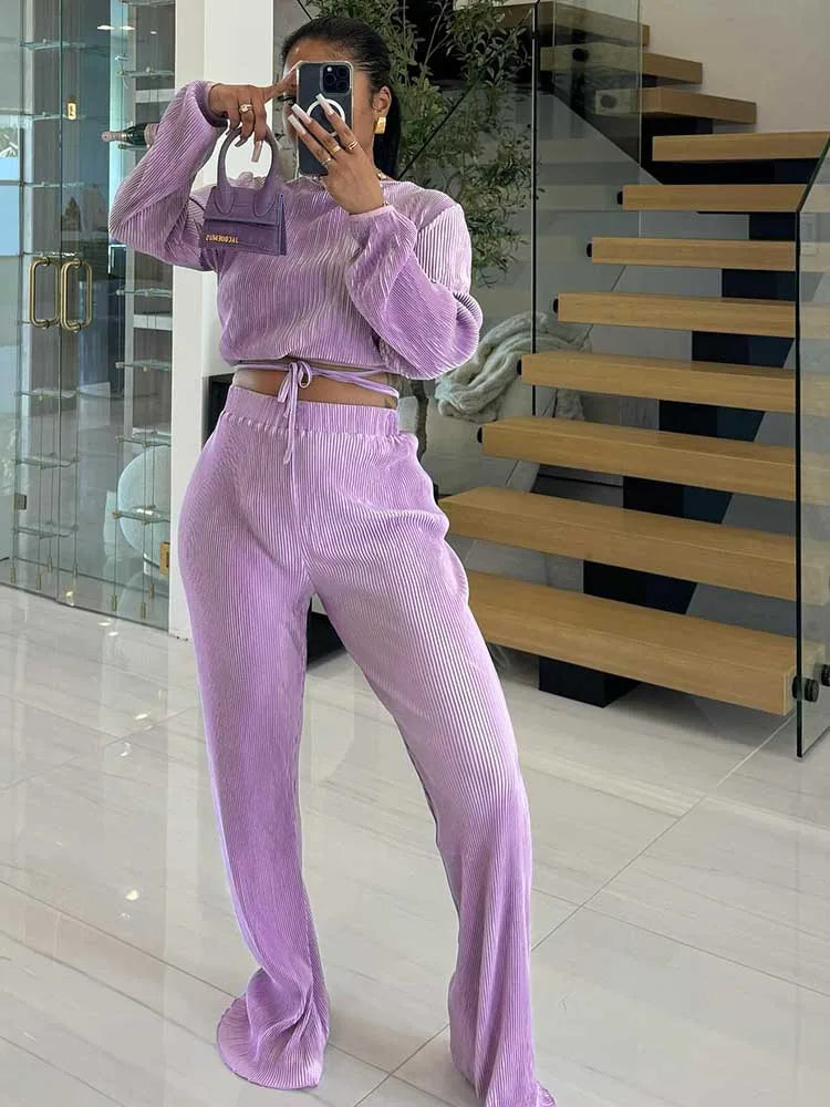 Casual Sets Womens Outfits Fall Clothes 2 Piece Lounge Set Draped Top and Elastic Wrap Pant Sets Outfits Wholesale Dropshipping