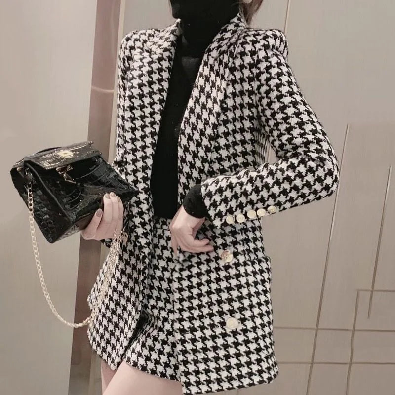 Clothes Elegant Two-piece Blazers and Shorts Suits for Women Plaid Womens Short Pants Set Business 2023 Luxury Summer Outfit Kit