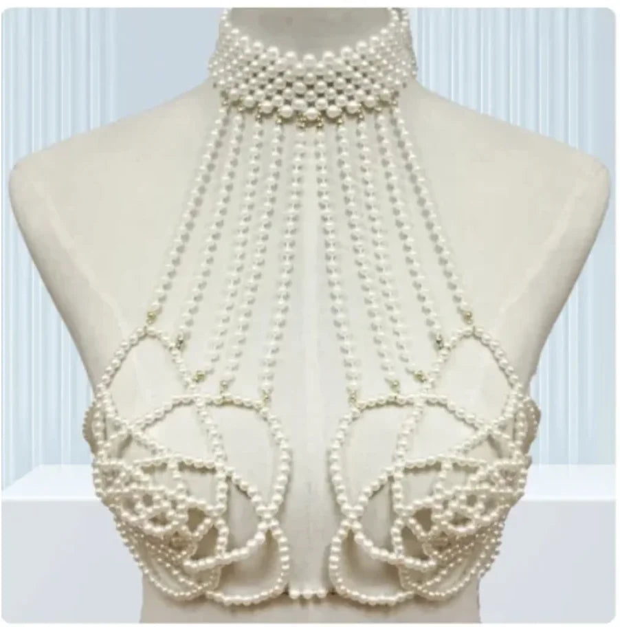 Sexy Accessories Women Bikini Pearl Chest chain Body Chain Jewelry Totally Hand-made Bra Fringed For Beach Nightclub Waist Chain