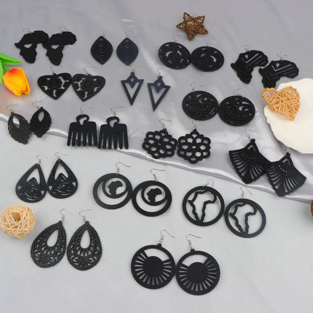 10Pairs/Lot Vintage Fashion Color Printed Wooden Chic Pendant Earrings With Random Styles For Daily Gift Giving Party