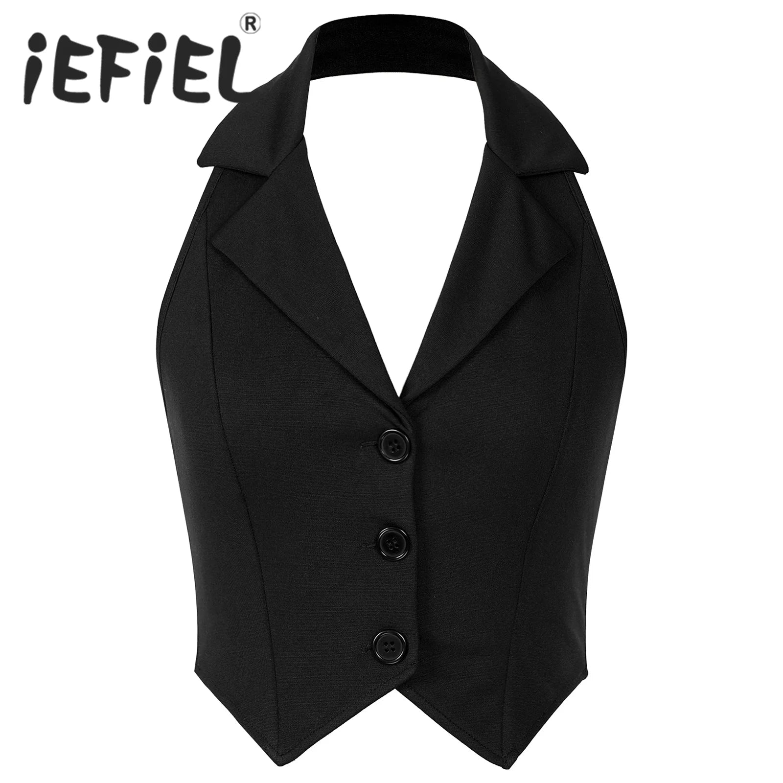 Womens Fashion Vest Shirts Separate Waistcoat Crop Tops Lapel Halter Backless Button Down Pointed Hem Vest for Party Formal Wear