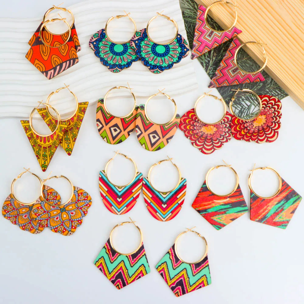 10Pairs/Lot Vintage Fashion Color Printed Wooden Chic Pendant Earrings With Random Styles For Daily Gift Giving Party