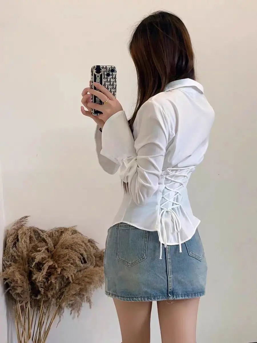 Chic White Shirt for Women 2025 Spring New Flattering Flared Sleeves Waist-Cinching Tie French Style Elegant Ladies Clothes Sexy