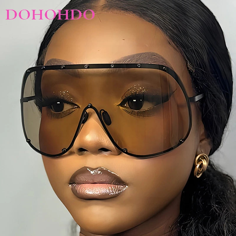 Oversized Metal Rimless Integrated Windproof Sunglasses For Women 2025 Trends Y2k Luxury Brand Design Sun Glasses Unisex UV400