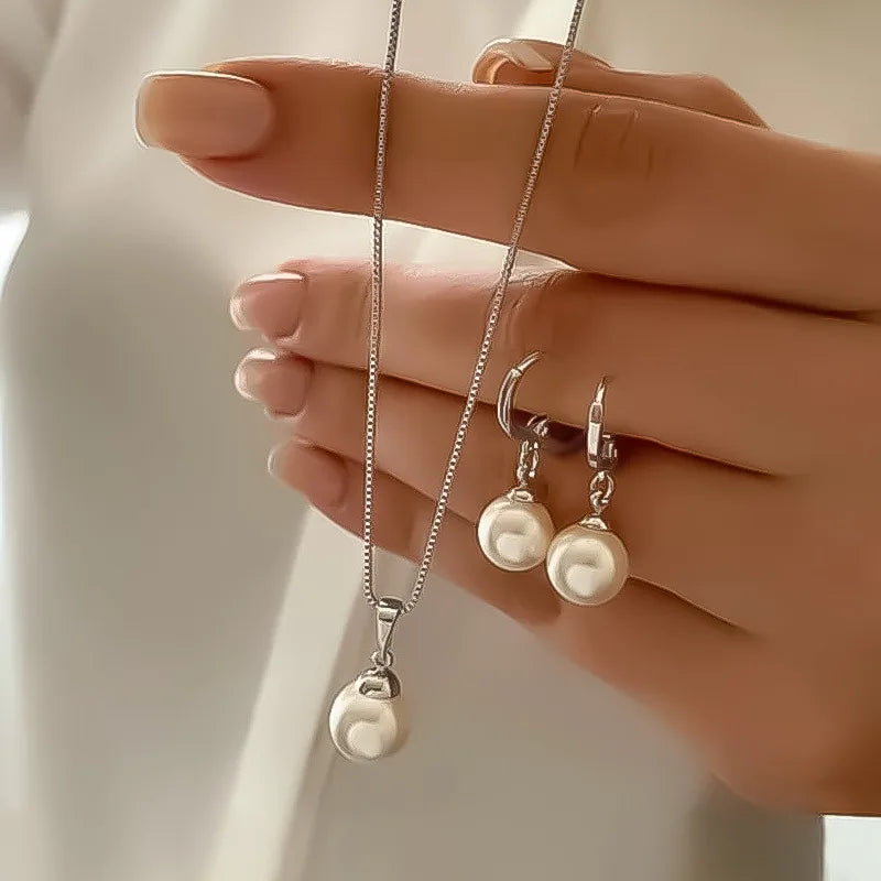 Pearl Jewelry Set For Women Dangle Earrings Pendant Necklace Simple Dainty Daily Wear Outfit  Party Accessories