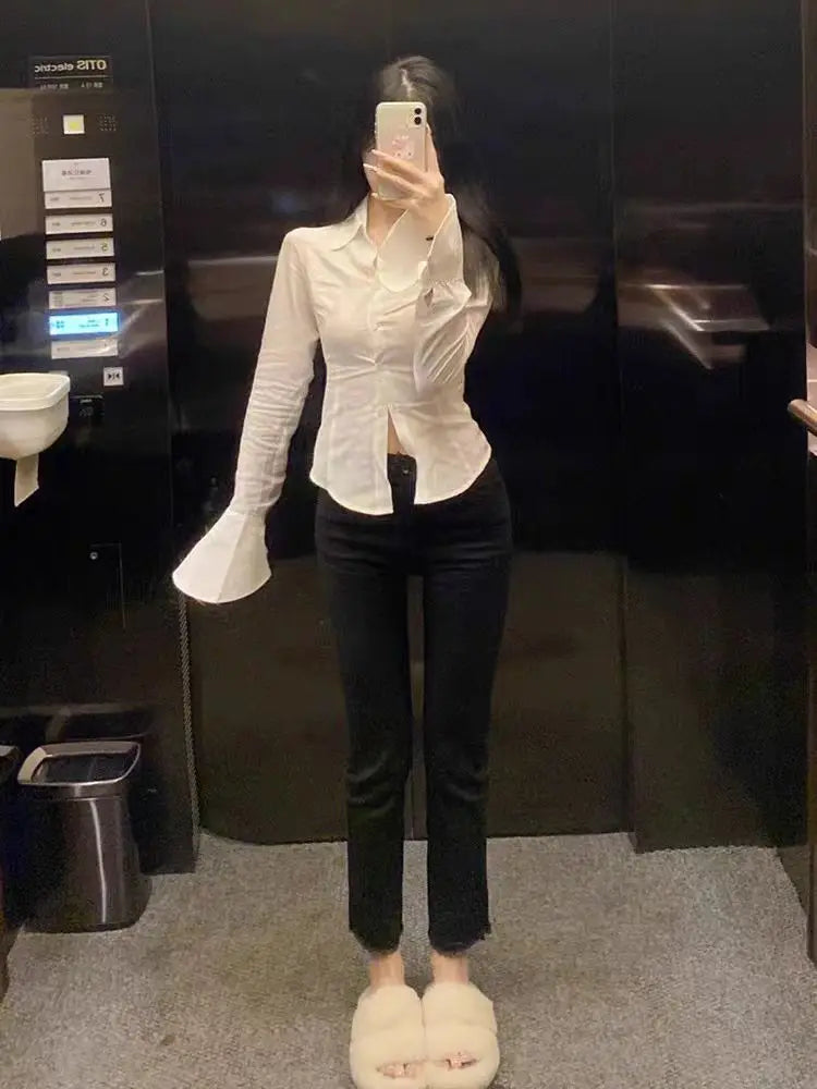 Chic White Shirt for Women 2025 Spring New Flattering Flared Sleeves Waist-Cinching Tie French Style Elegant Ladies Clothes Sexy
