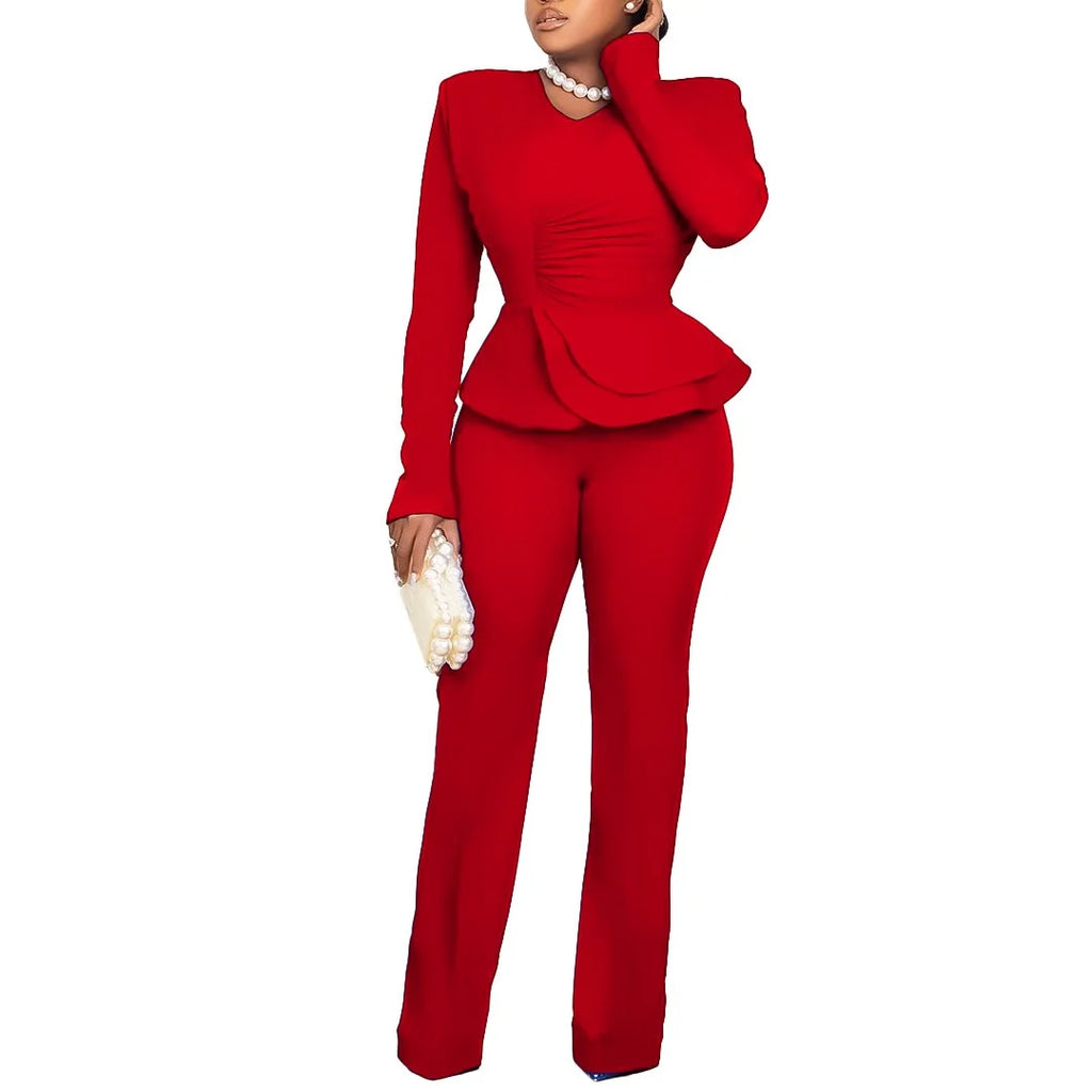 Women 2 Pieces Pants Sets Blouse V Neck Full Sleeve & Long Trousers Straight Elegant Ladies Birthday Party Dinner Outfits Cloth