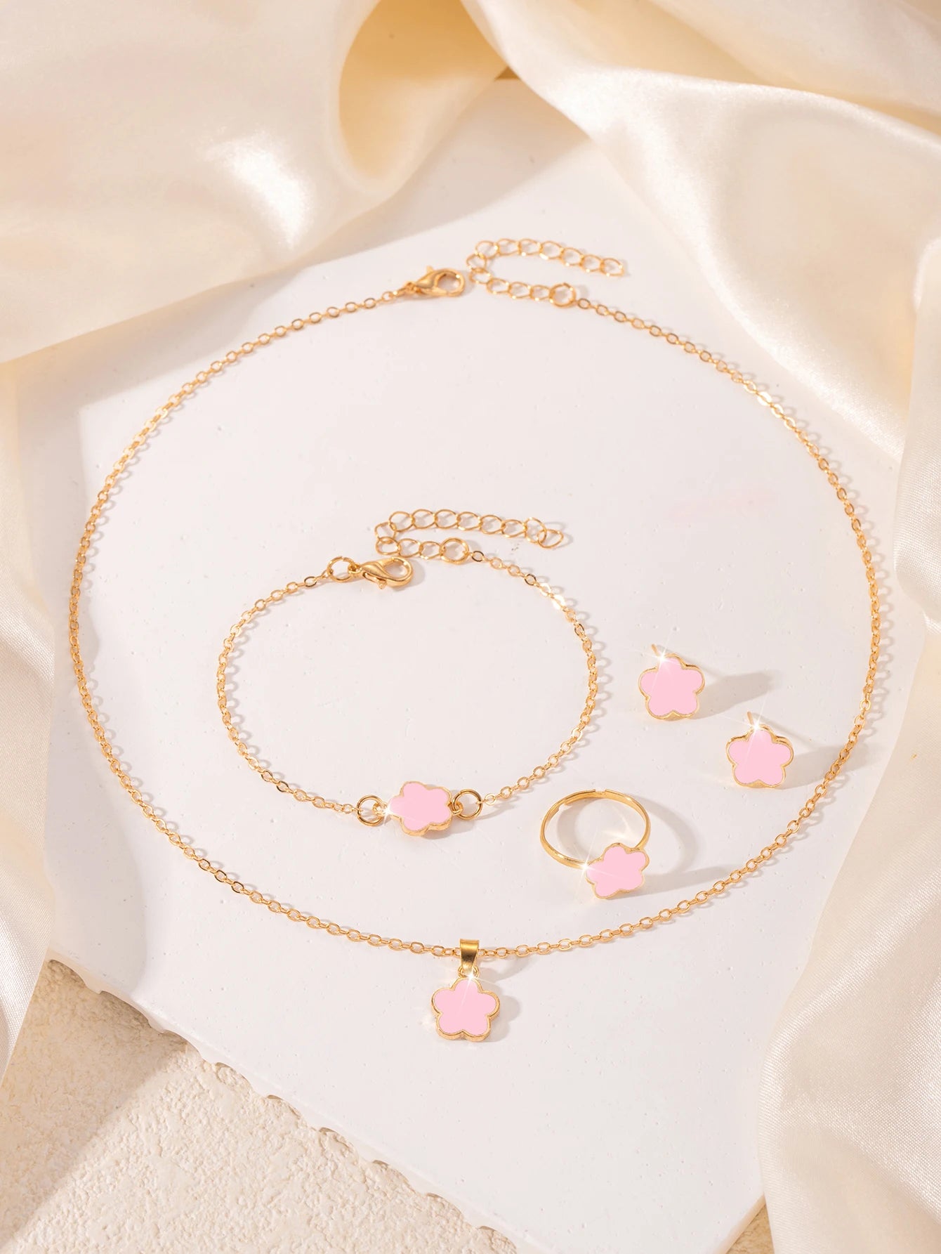 5pcs/set Lucky Five Petal Flower Jewelry Set, Bracelet Necklace Earrings Jewelry Set, Perfect For Giving Gifts