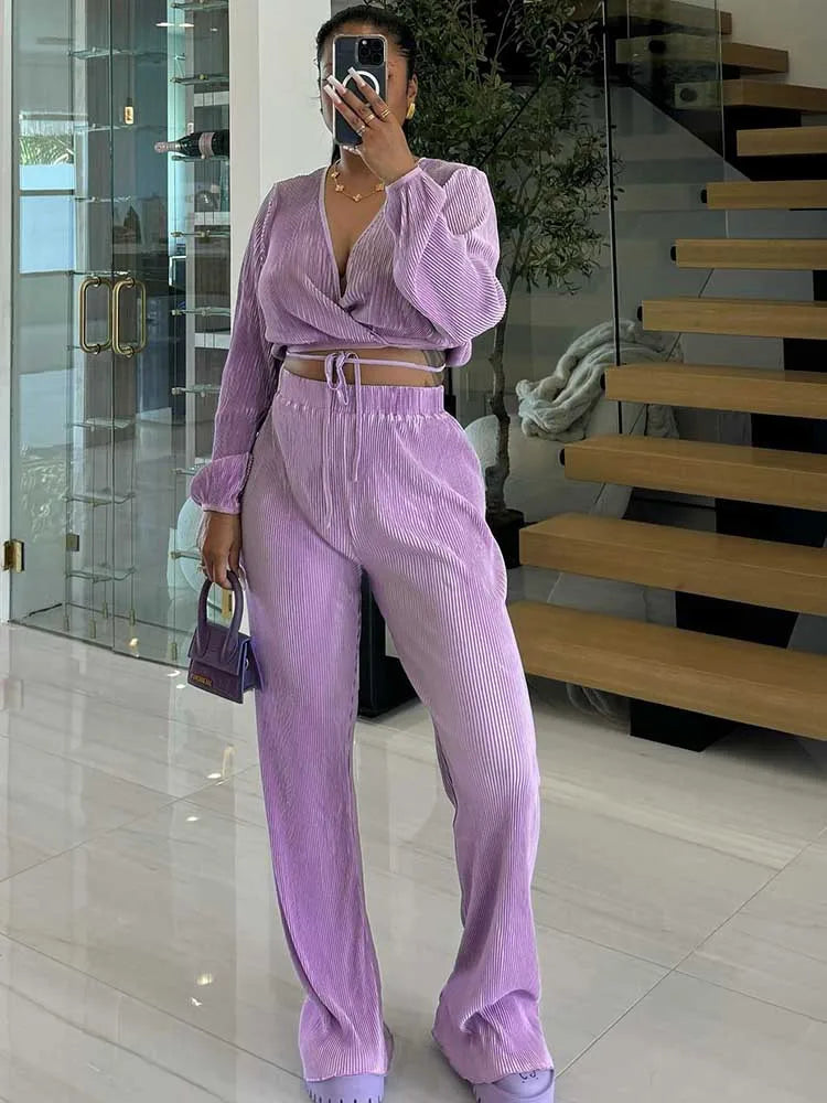 Casual Sets Womens Outfits Fall Clothes 2 Piece Lounge Set Draped Top and Elastic Wrap Pant Sets Outfits Wholesale Dropshipping