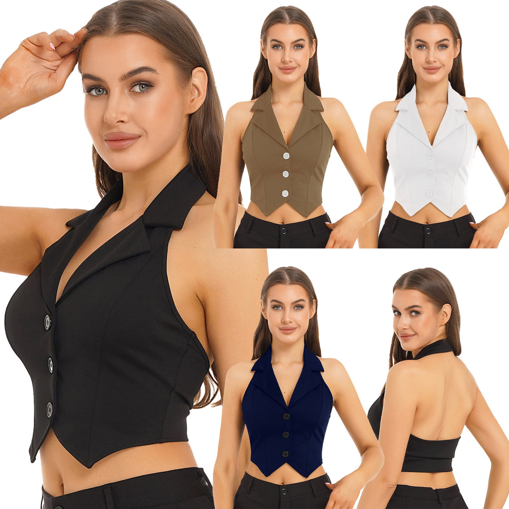 Womens Fashion Vest Shirts Separate Waistcoat Crop Tops Lapel Halter Backless Button Down Pointed Hem Vest for Party Formal Wear