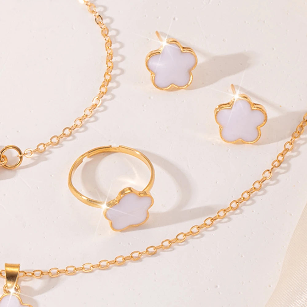 5pcs/set Lucky Five Petal Flower Jewelry Set, Bracelet Necklace Earrings Jewelry Set, Perfect For Giving Gifts