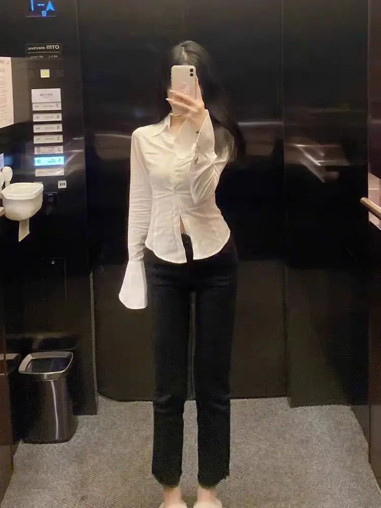 Chic White Shirt for Women 2025 Spring New Flattering Flared Sleeves Waist-Cinching Tie French Style Elegant Ladies Clothes Sexy