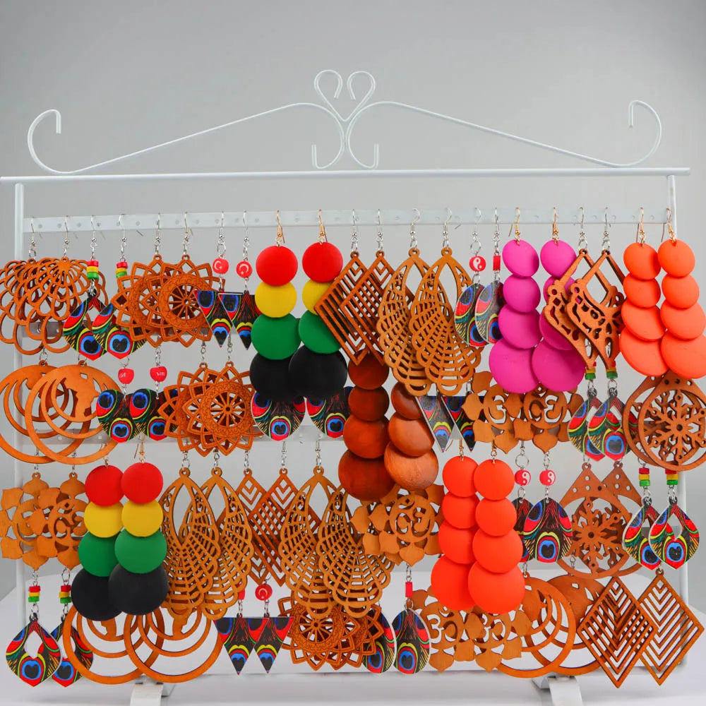 10Pairs/Lot Vintage Fashion Color Printed Wooden Chic Pendant Earrings With Random Styles For Daily Gift Giving Party