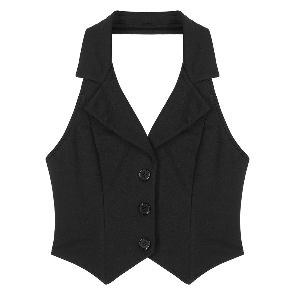 Womens Fashion Vest Shirts Separate Waistcoat Crop Tops Lapel Halter Backless Button Down Pointed Hem Vest for Party Formal Wear