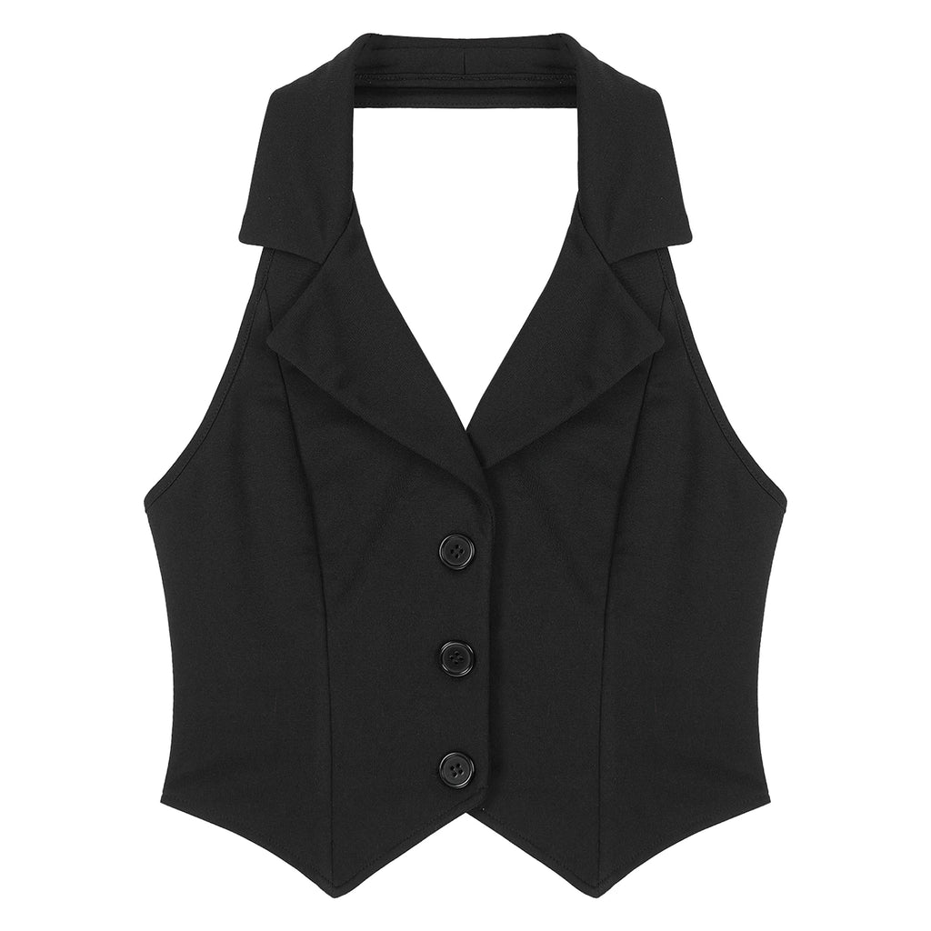 Womens Fashion Vest Shirts Separate Waistcoat Crop Tops Lapel Halter Backless Button Down Pointed Hem Vest for Party Formal Wear
