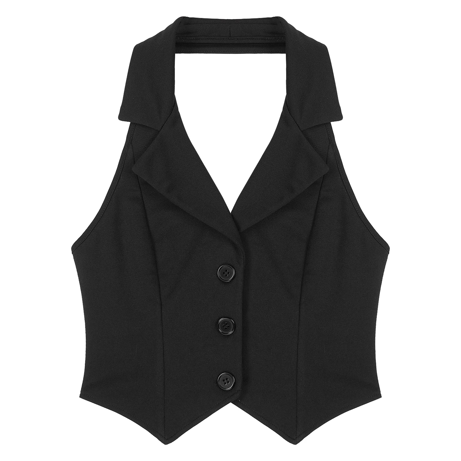 Womens Fashion Vest Shirts Separate Waistcoat Crop Tops Lapel Halter Backless Button Down Pointed Hem Vest for Party Formal Wear