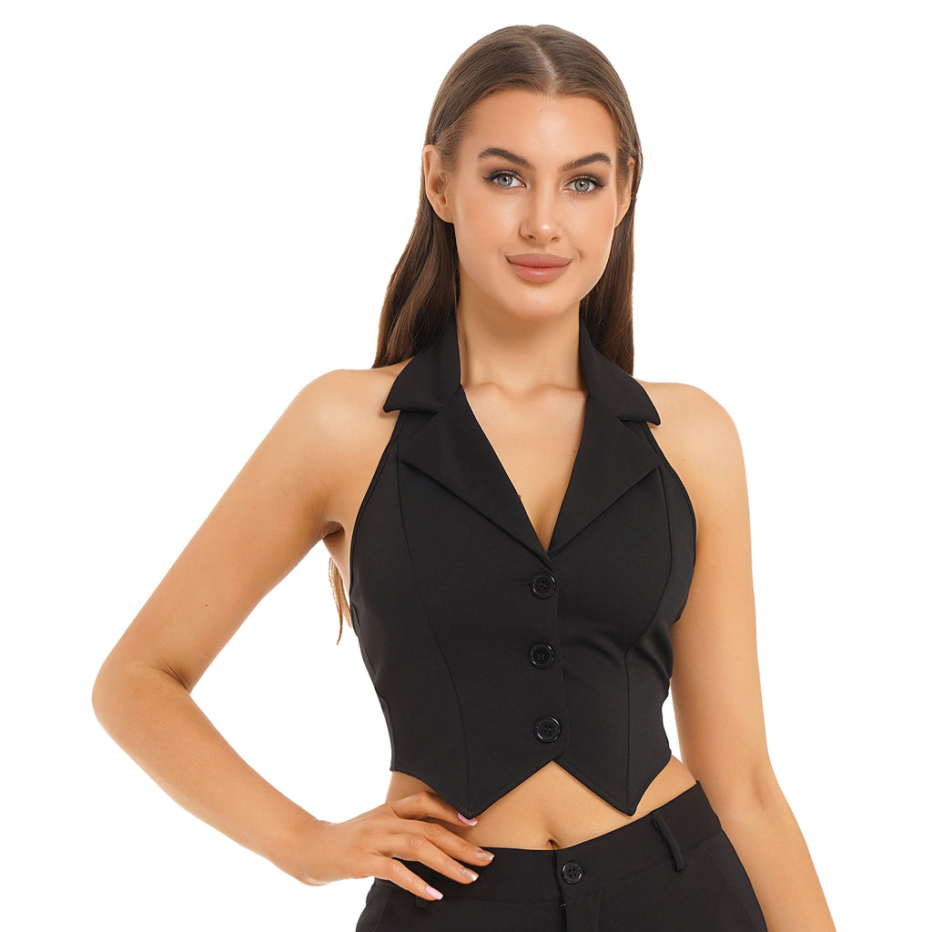 Womens Fashion Vest Shirts Separate Waistcoat Crop Tops Lapel Halter Backless Button Down Pointed Hem Vest for Party Formal Wear