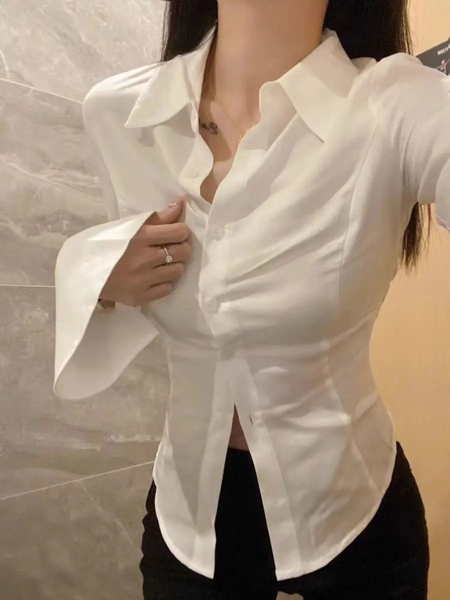 Chic White Shirt for Women 2025 Spring New Flattering Flared Sleeves Waist-Cinching Tie French Style Elegant Ladies Clothes Sexy