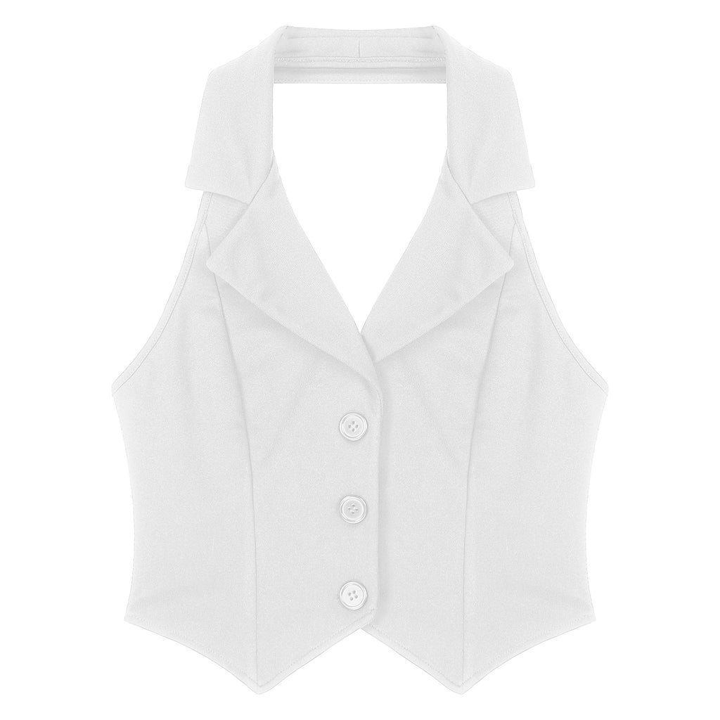 Womens Fashion Vest Shirts Separate Waistcoat Crop Tops Lapel Halter Backless Button Down Pointed Hem Vest for Party Formal Wear