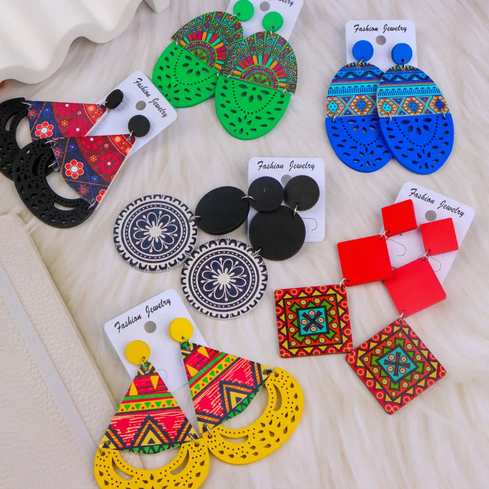 10Pairs/Lot Vintage Fashion Color Printed Wooden Chic Pendant Earrings With Random Styles For Daily Gift Giving Party