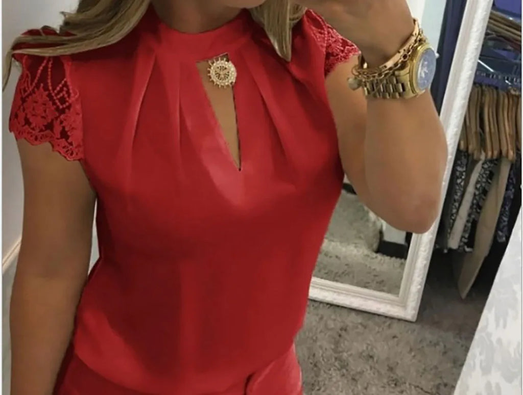 Women's Clothing Women Shirts Blouse high neck deep V-back zipper lace lace lace sleeve patchwork stand up collar shirt Blouses