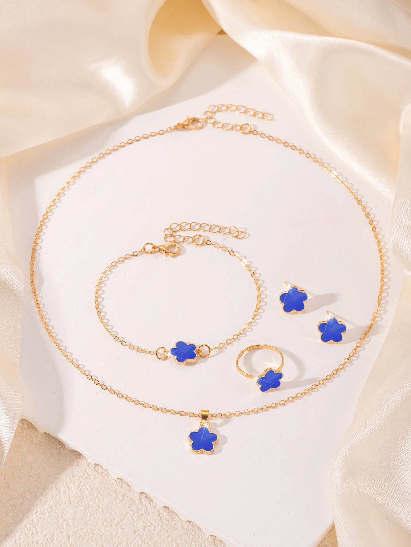 5pcs/set Lucky Five Petal Flower Jewelry Set, Bracelet Necklace Earrings Jewelry Set, Perfect For Giving Gifts