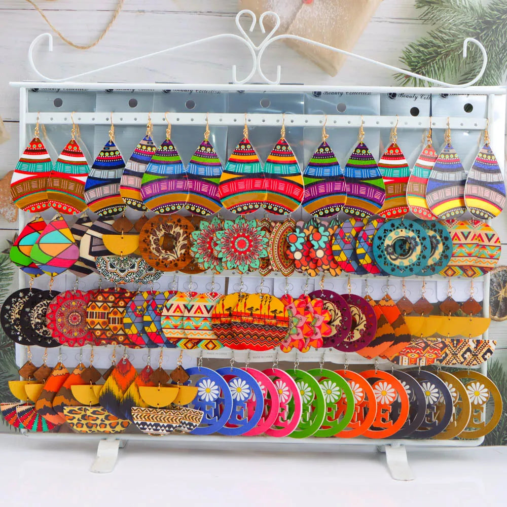 10Pairs/Lot Vintage Fashion Color Printed Wooden Chic Pendant Earrings With Random Styles For Daily Gift Giving Party