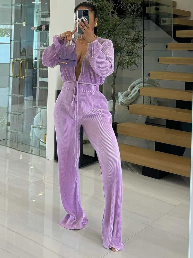 Casual Sets Womens Outfits Fall Clothes 2 Piece Lounge Set Draped Top and Elastic Wrap Pant Sets Outfits Wholesale Dropshipping