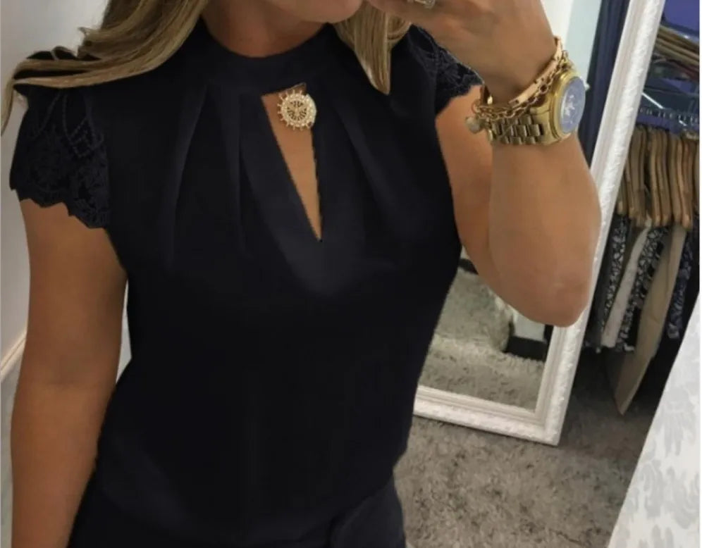 Women's Clothing Women Shirts Blouse high neck deep V-back zipper lace lace lace sleeve patchwork stand up collar shirt Blouses