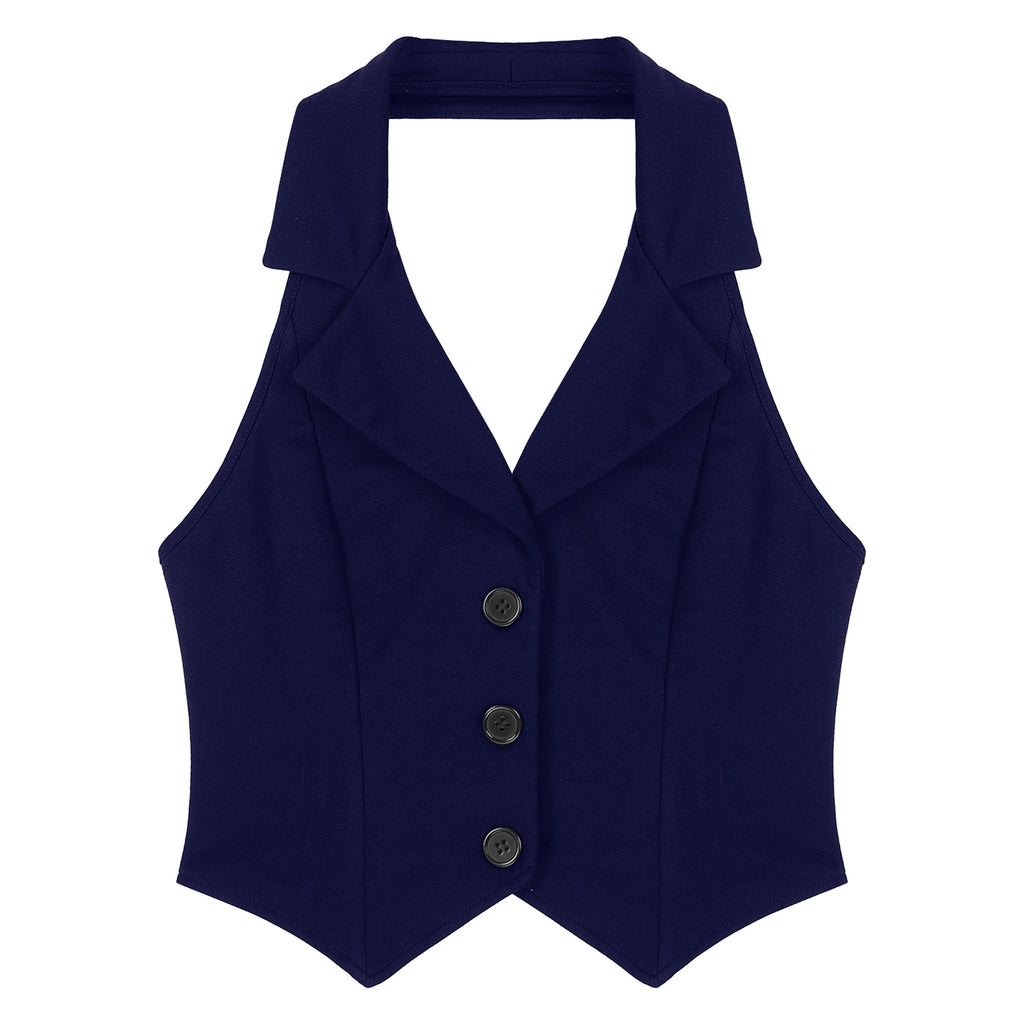 Womens Fashion Vest Shirts Separate Waistcoat Crop Tops Lapel Halter Backless Button Down Pointed Hem Vest for Party Formal Wear