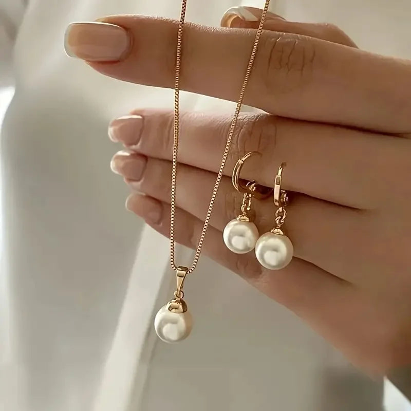 Pearl Jewelry Set For Women Dangle Earrings Pendant Necklace Simple Dainty Daily Wear Outfit  Party Accessories