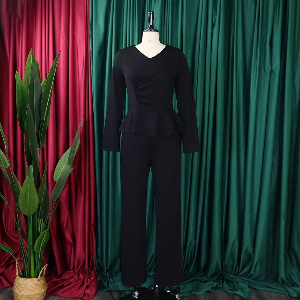 Women 2 Pieces Pants Sets Blouse V Neck Full Sleeve & Long Trousers Straight Elegant Ladies Birthday Party Dinner Outfits Cloth