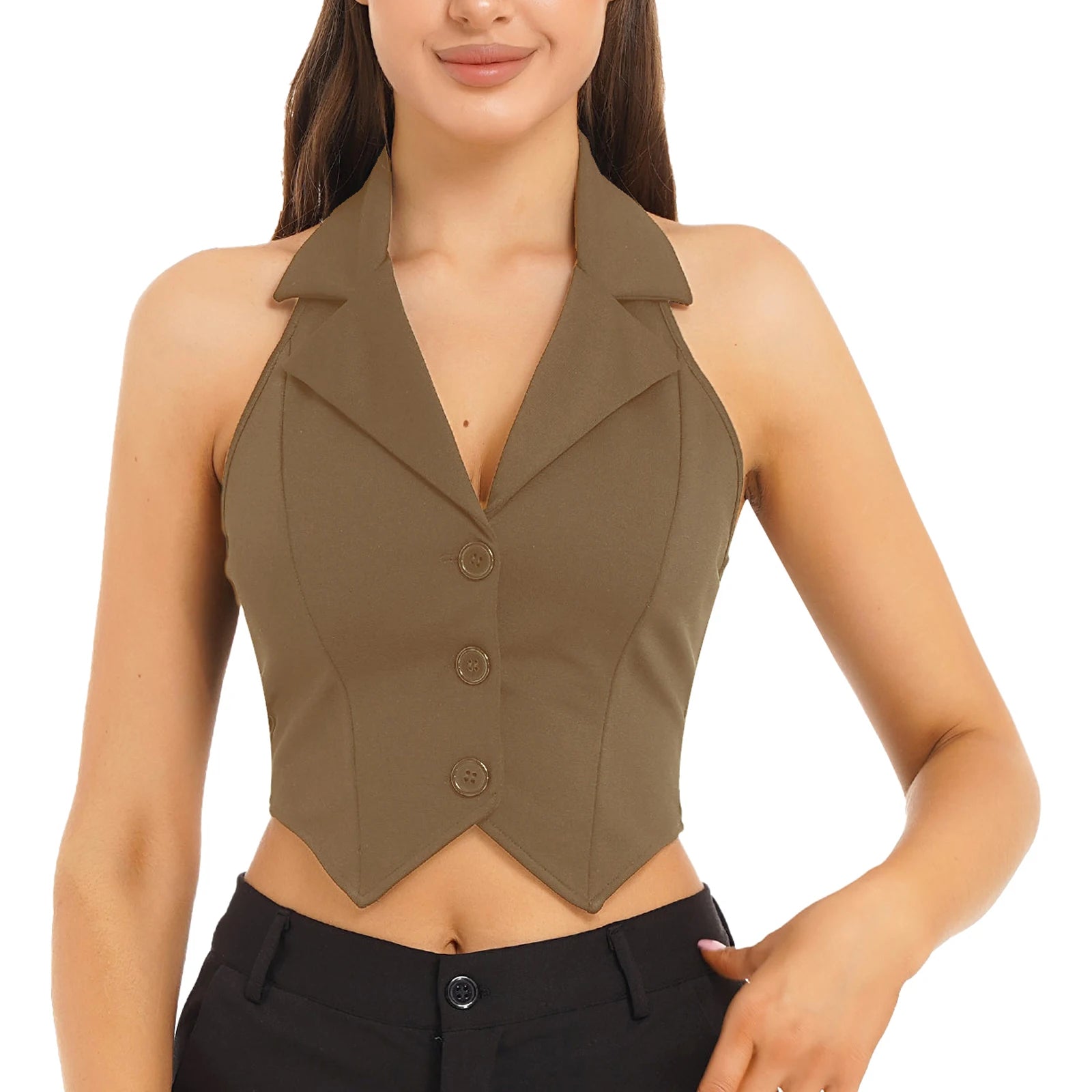 Womens Fashion Vest Shirts Separate Waistcoat Crop Tops Lapel Halter Backless Button Down Pointed Hem Vest for Party Formal Wear