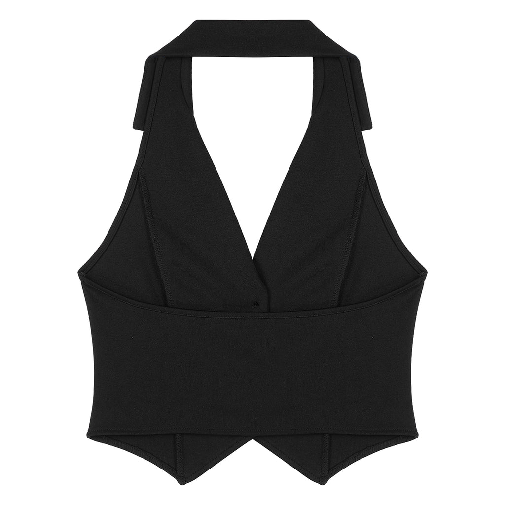 Womens Fashion Vest Shirts Separate Waistcoat Crop Tops Lapel Halter Backless Button Down Pointed Hem Vest for Party Formal Wear
