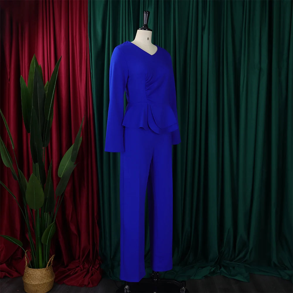 Women 2 Pieces Pants Sets Blouse V Neck Full Sleeve & Long Trousers Straight Elegant Ladies Birthday Party Dinner Outfits Cloth