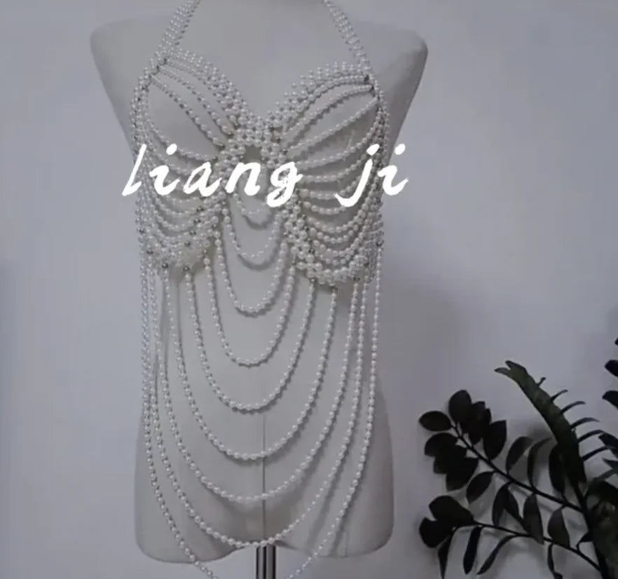Sexy Accessories Women Bikini Pearl Chest chain Body Chain Jewelry Totally Hand-made Bra Fringed For Beach Nightclub Waist Chain
