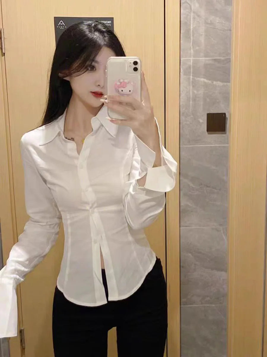 Chic White Shirt for Women 2025 Spring New Flattering Flared Sleeves Waist-Cinching Tie French Style Elegant Ladies Clothes Sexy