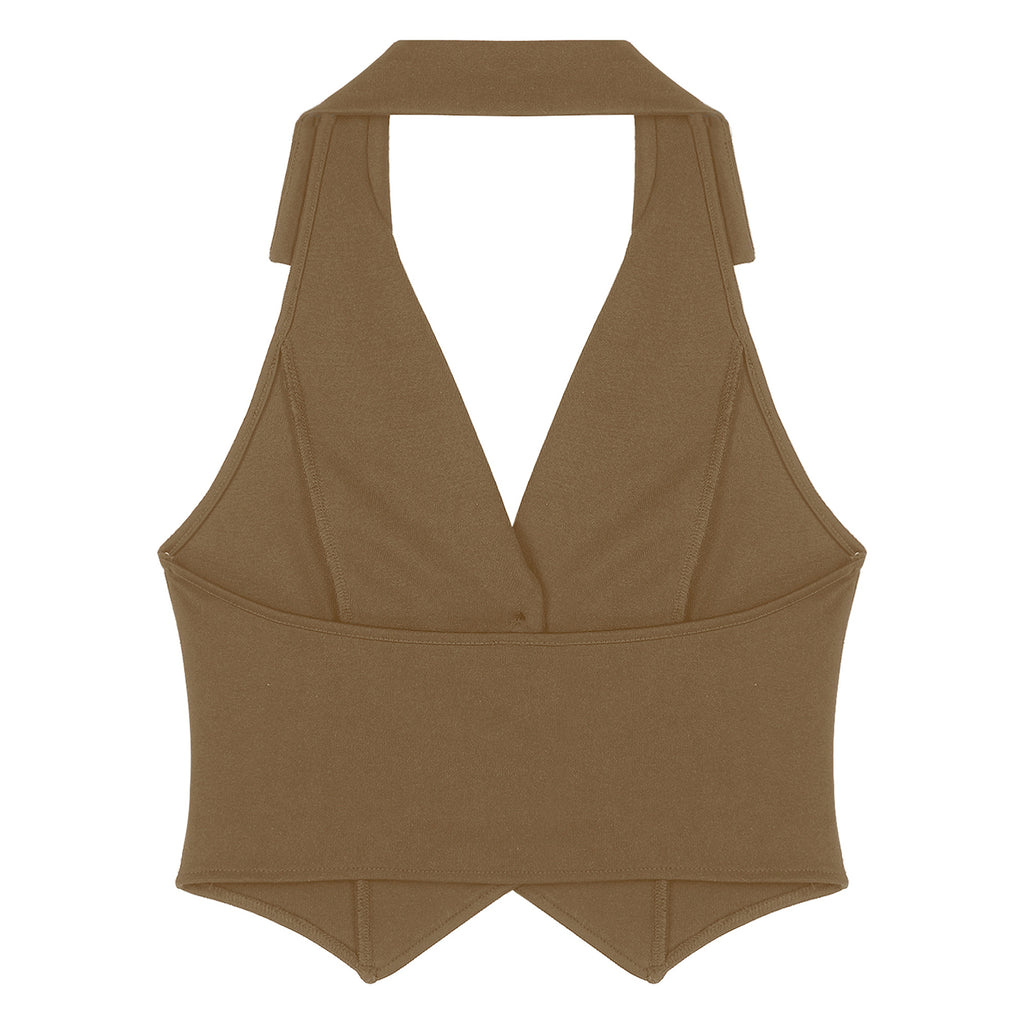 Womens Fashion Vest Shirts Separate Waistcoat Crop Tops Lapel Halter Backless Button Down Pointed Hem Vest for Party Formal Wear