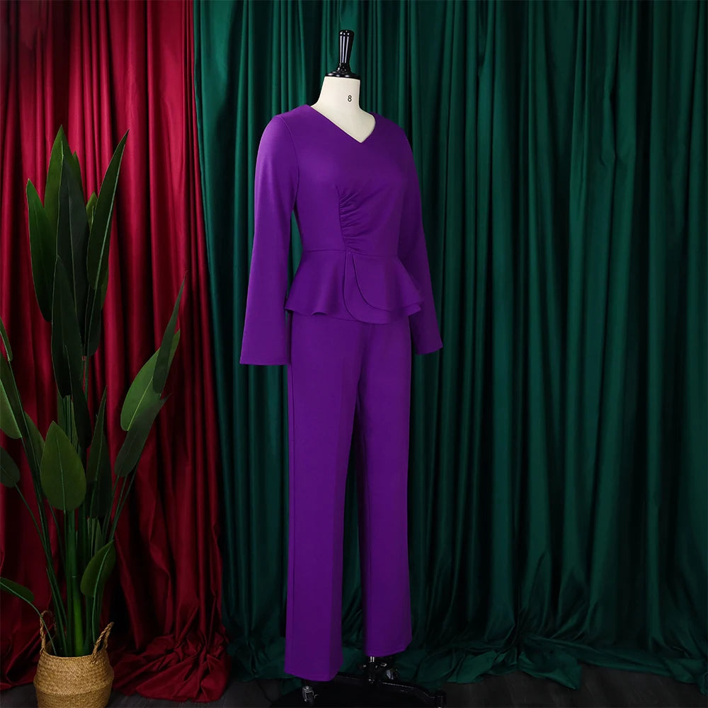 Women 2 Pieces Pants Sets Blouse V Neck Full Sleeve & Long Trousers Straight Elegant Ladies Birthday Party Dinner Outfits Cloth